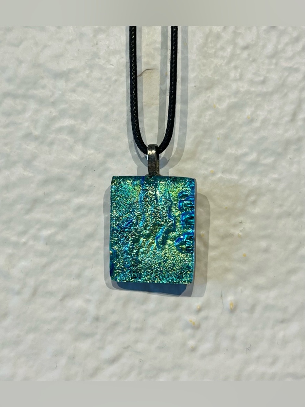 Dichroic Glass Rectangle Pendant Necklace in Shimmering Teal